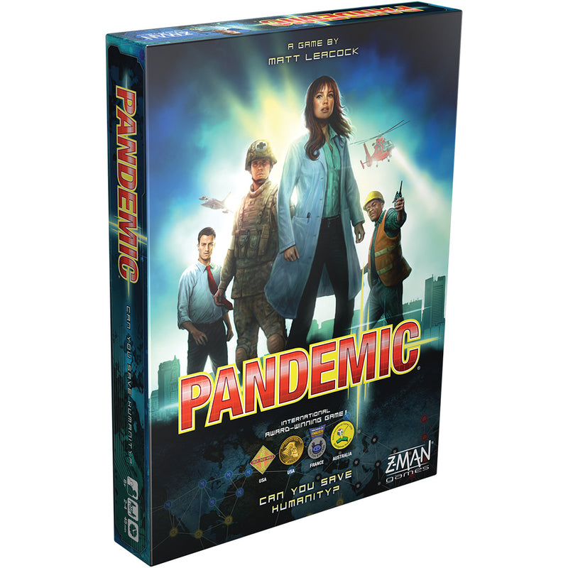 Load image into Gallery viewer, Pandemic Board Game front of box with images illustrations of game characters.