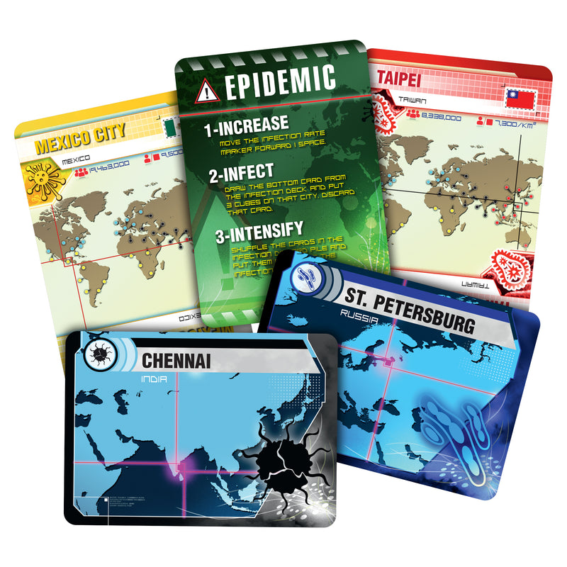 Load image into Gallery viewer, Pandemic Board Game five game cards shown including location cards and epidemic card.