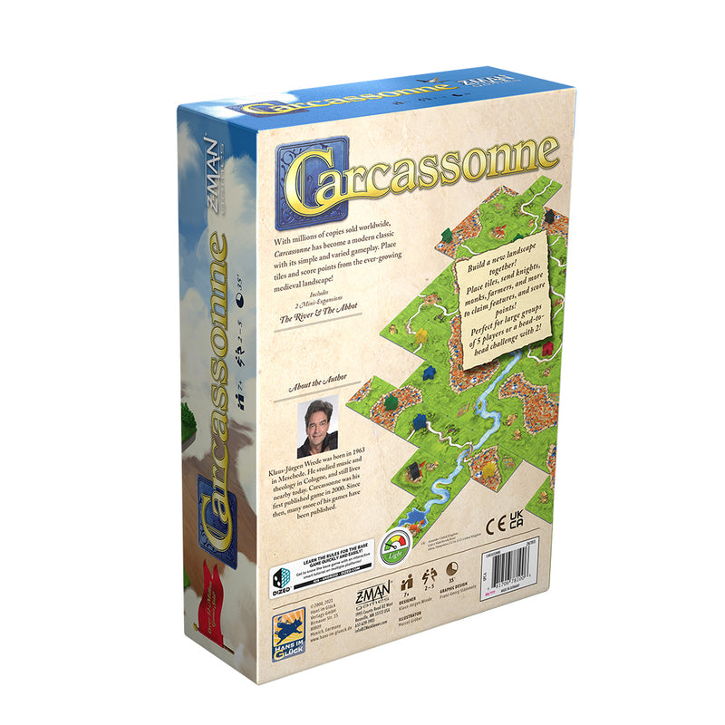 Load image into Gallery viewer, Carcassonne Board Game back of box with game overview and images of game tiles.