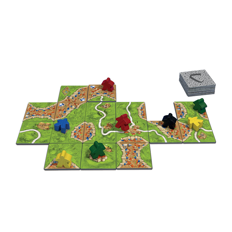 Load image into Gallery viewer, Carcassonne Board Game components including game tiles with land, roads, and cities, and meeples of various colors.