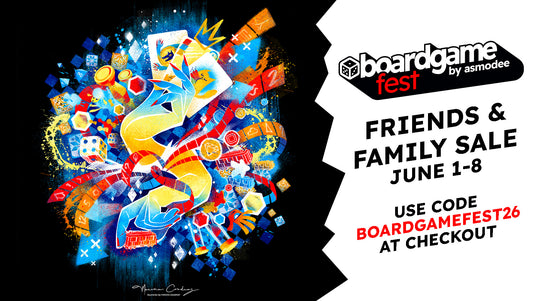 Boardgame Fest promotion banner - banner notes you can use code BOARDGAMEFEST26 at checkout for 20% off select items June 1st through 8th.