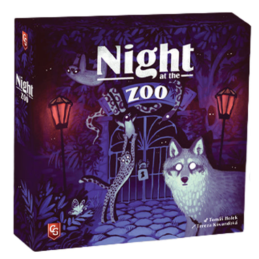 Night at the Zoo Board Game - Front of box with art of animals sneaking into the zoo at night. 