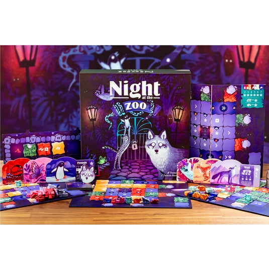 Night at the Zoo Board Game - Box and game components displayed including game board, animal boards, and game tokens. 