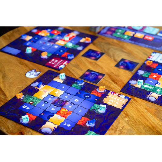 Night at the Zoo Board Game - Player boards shown with map and map tiles. 