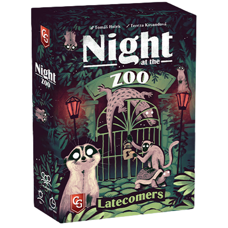 Load image into Gallery viewer, Night at the Zoo - Late Comers expansion - Front of box featuring art of animals breaking into the zoo. 

