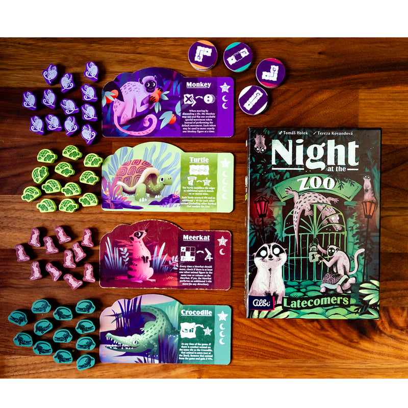 Load image into Gallery viewer, Night at the Zoo - Late Comers expansion - Box and game components displayed including animal boards and meeples. 
