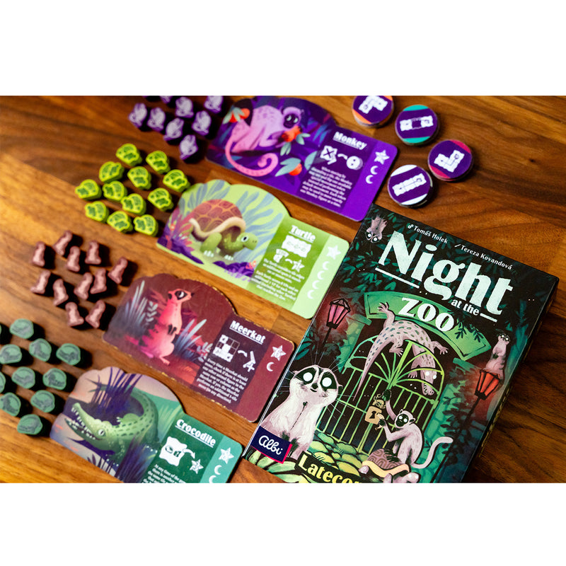 Load image into Gallery viewer, Night at the Zoo - Late Comers expansion - Box and game components displayed including animal boards and meeples. 
