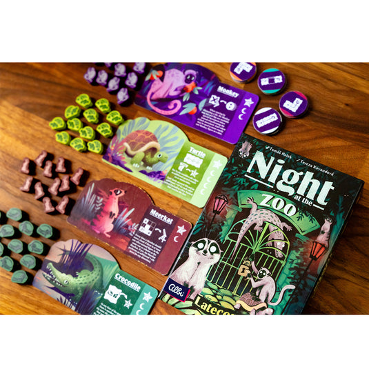 Night at the Zoo - Late Comers expansion - Box and game components displayed including animal boards and meeples. 
