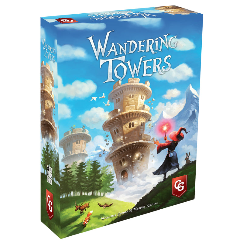 Load image into Gallery viewer, Wandering Towers Board Game - Front of box featuring art of wizard in front of large towers.
