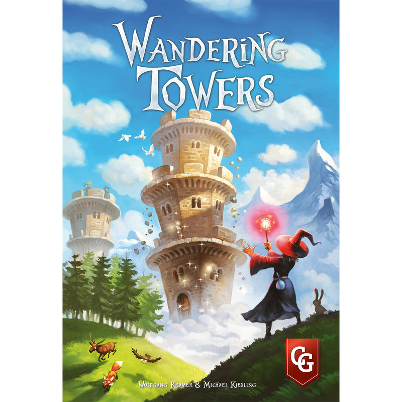 Load image into Gallery viewer, Wandering Towers Board Game - Front of box featuring art of wizard in front of large towers.
