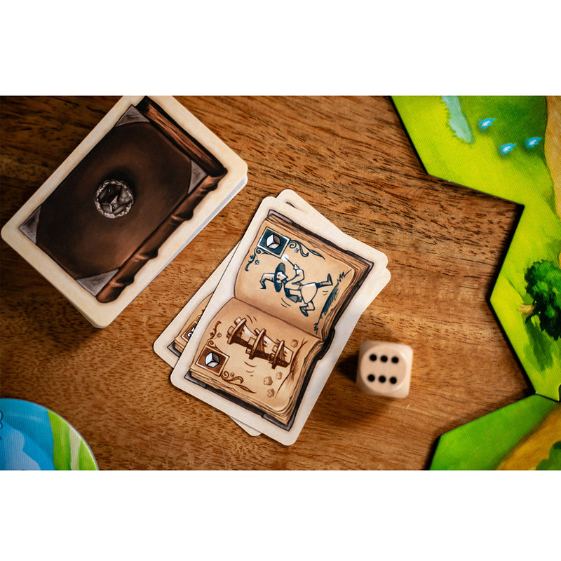 Load image into Gallery viewer, Wandering Towers Board Game - sample components shown including game card and d6 die.
