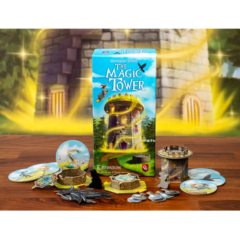 Load image into Gallery viewer, Wandering Towers: The Magic Tower expansion - box and components shown including tower figure and game tokens. 
