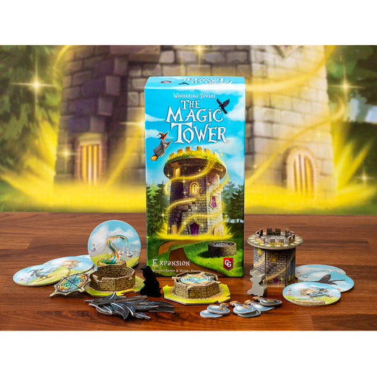 Wandering Towers: The Magic Tower expansion - box and components shown including tower figure and game tokens. 
