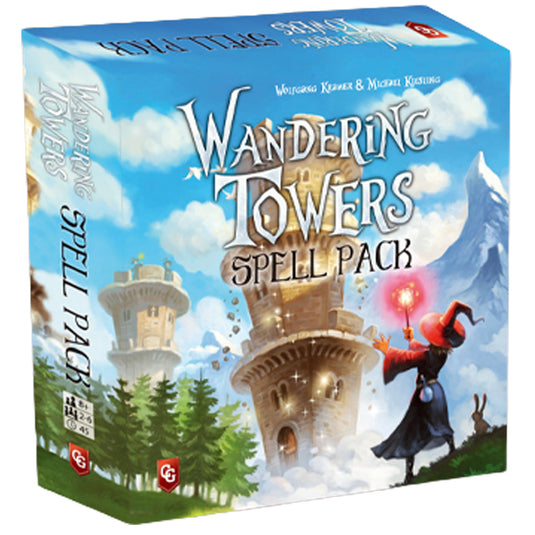 Wandering Towers: Spell Pack Expansion - front of box featuring art of a wizard casting a spell in front of a tower.