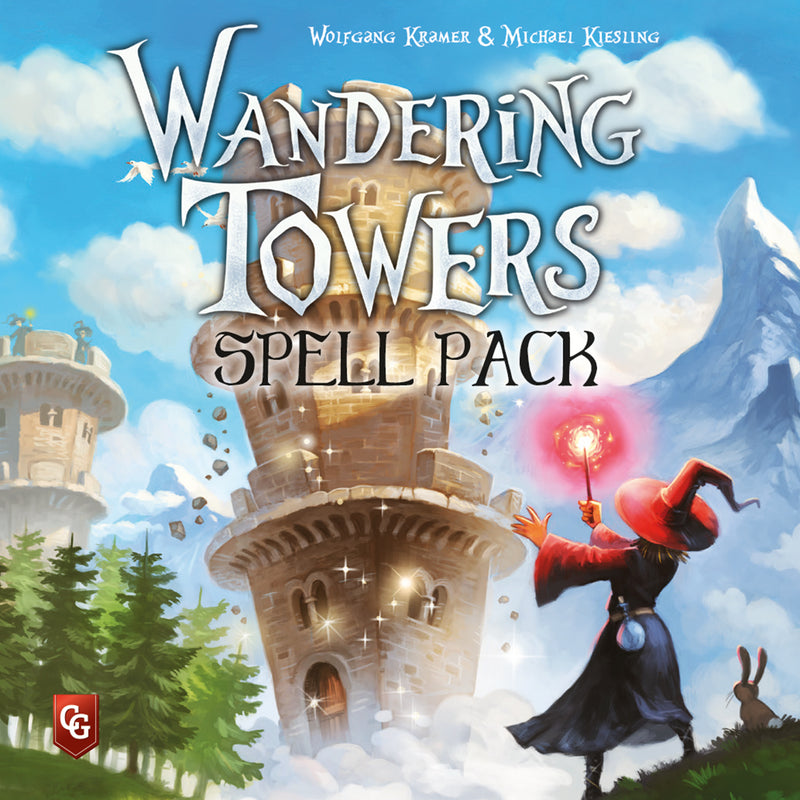 Load image into Gallery viewer, Wandering Towers: Spell Pack Expansion - front of box featuring art of a wizard casting a spell in front of a tower.
