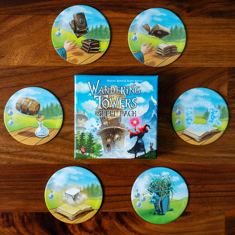 Load image into Gallery viewer, Wandering Towers: Spell Pack Expansion - box and sample potion tokens shown. 
