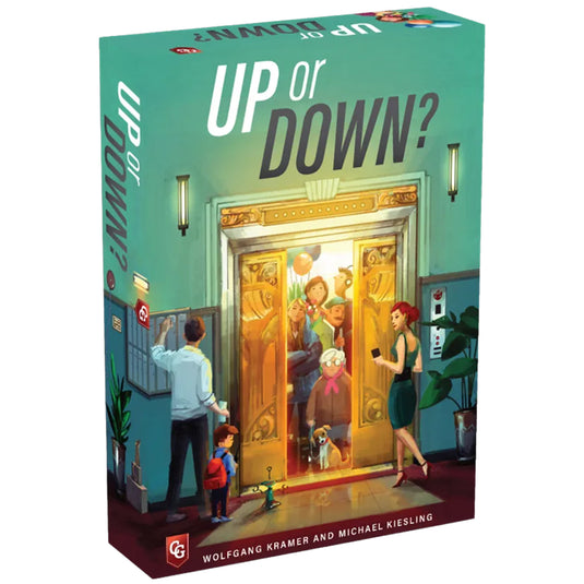 Up or Down? Card Game - front of box featuring illustration of people inside an elevator. 