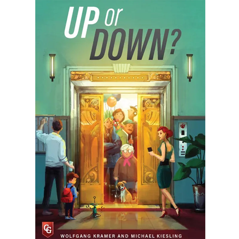 Load image into Gallery viewer, Up or Down? Card Game - front of box featuring illustration of people inside an elevator. 
