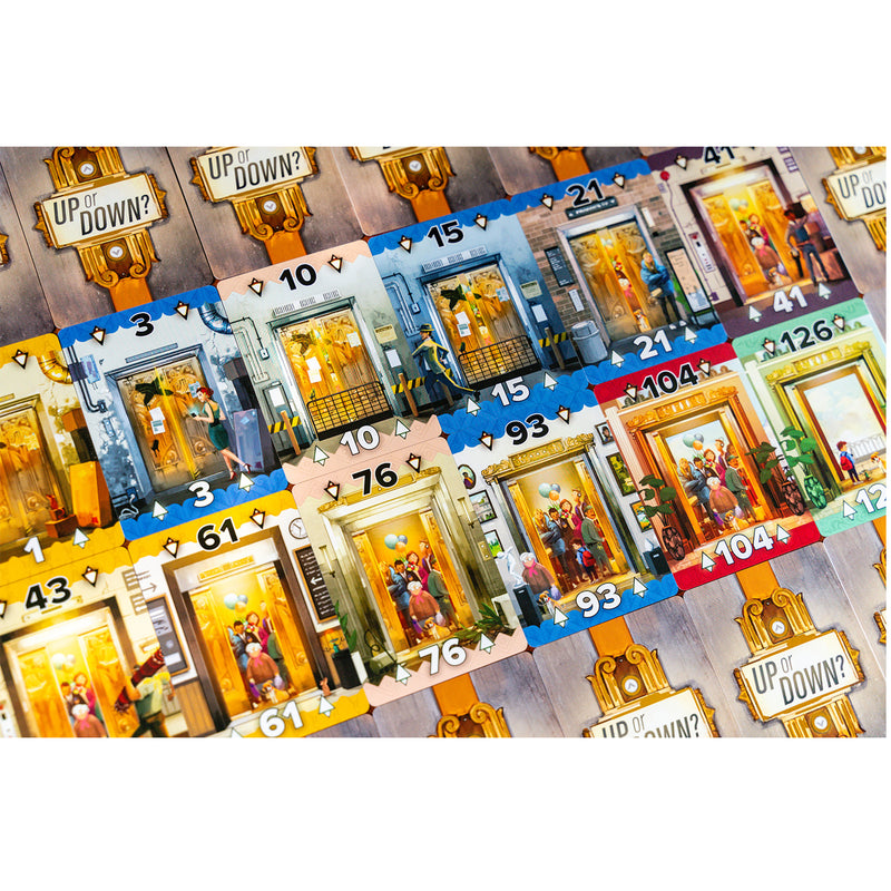 Load image into Gallery viewer, Up or Down? Card Game - sample cards shown with different numbers and arrows pointing up and down. 
