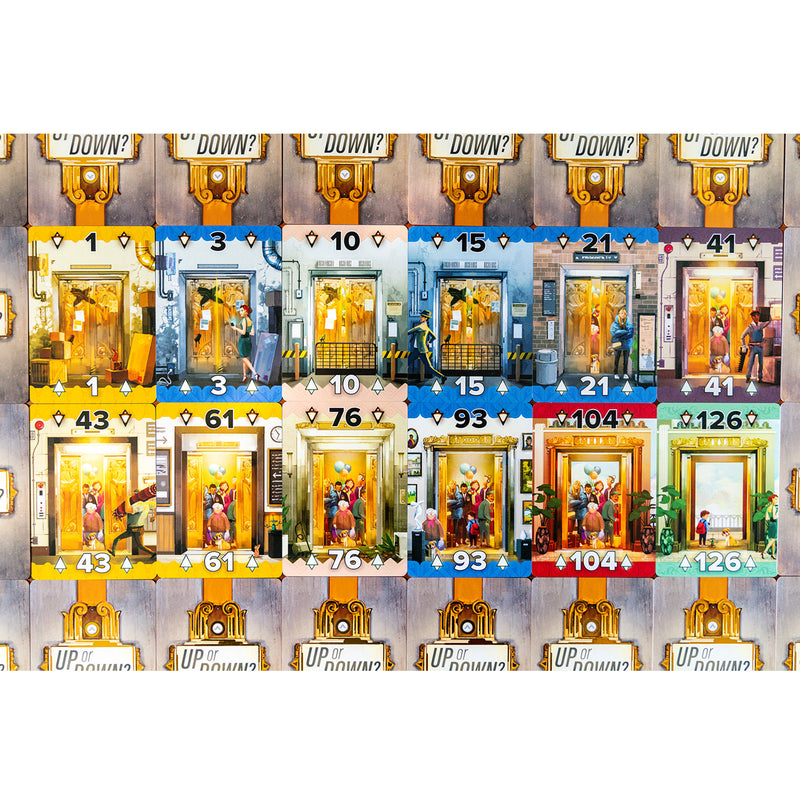 Load image into Gallery viewer, Up or Down? Card Game - sample cards shown with different numbers and arrows pointing up and down. 

