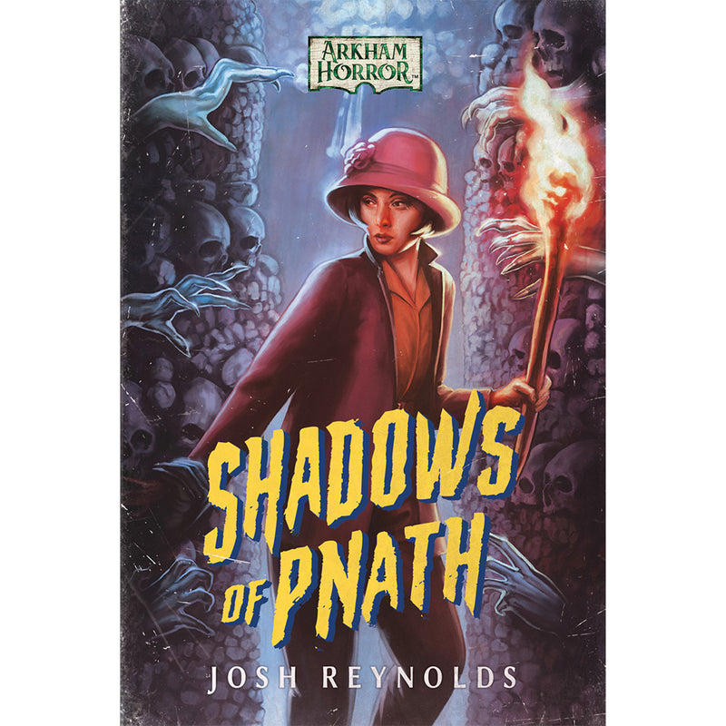 Load image into Gallery viewer, Shadows of Pnath - An Arkham Horror Novel book cover featuring art of Arkham Horror character inside a crypt. 
