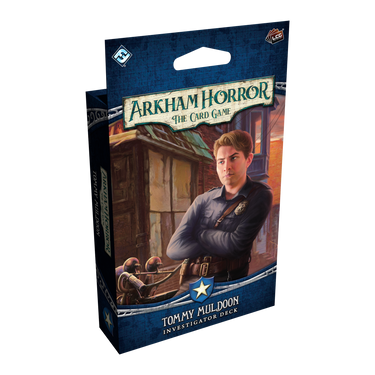 Arkham Horror: The Card Game - Tommy Muldoon Investigator Deck front of box featuring illustration of character Tommy Muldoon.