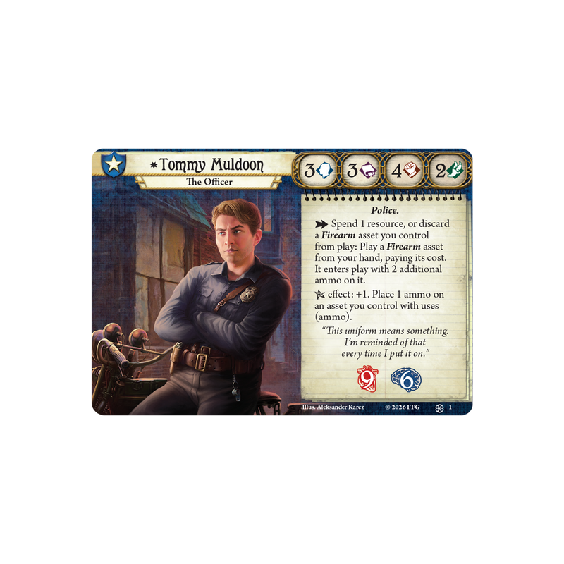 Load image into Gallery viewer, Card featuring Tommy Muldoon, The Officer, from a game with character portrait and text.
