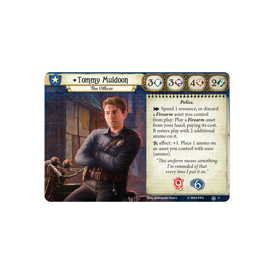 Card featuring Tommy Muldoon, The Officer, from a game with character portrait and text.
