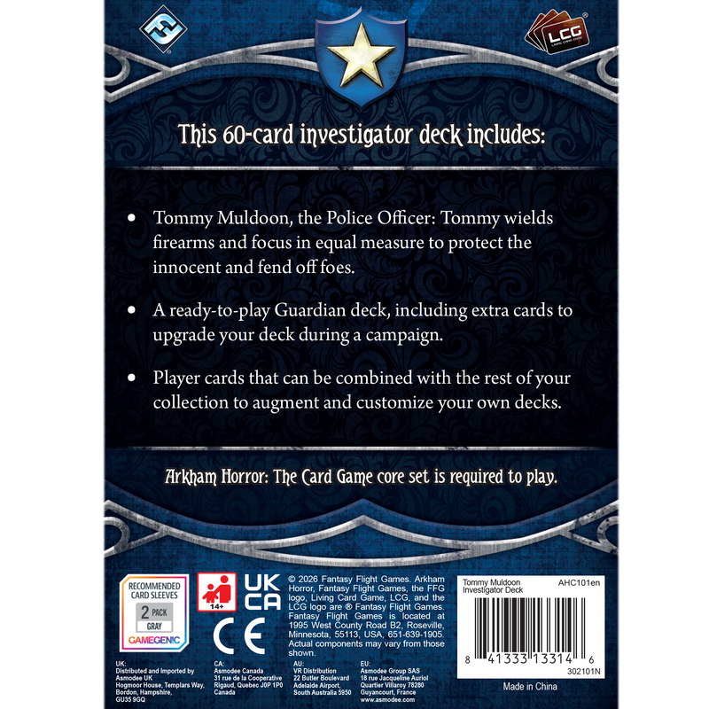 Load image into Gallery viewer, Back of game packaging featuring text about a 60-card investigator deck with game details.
