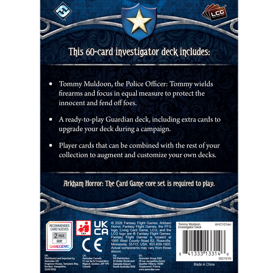 Back of game packaging featuring text about a 60-card investigator deck with game details.