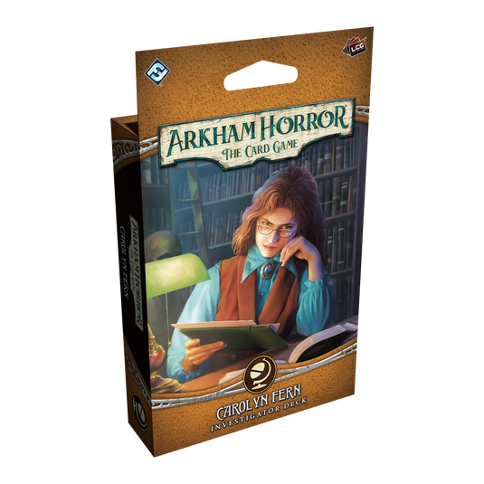 Arkham Horror card game packaging with a character reading a book in a library.