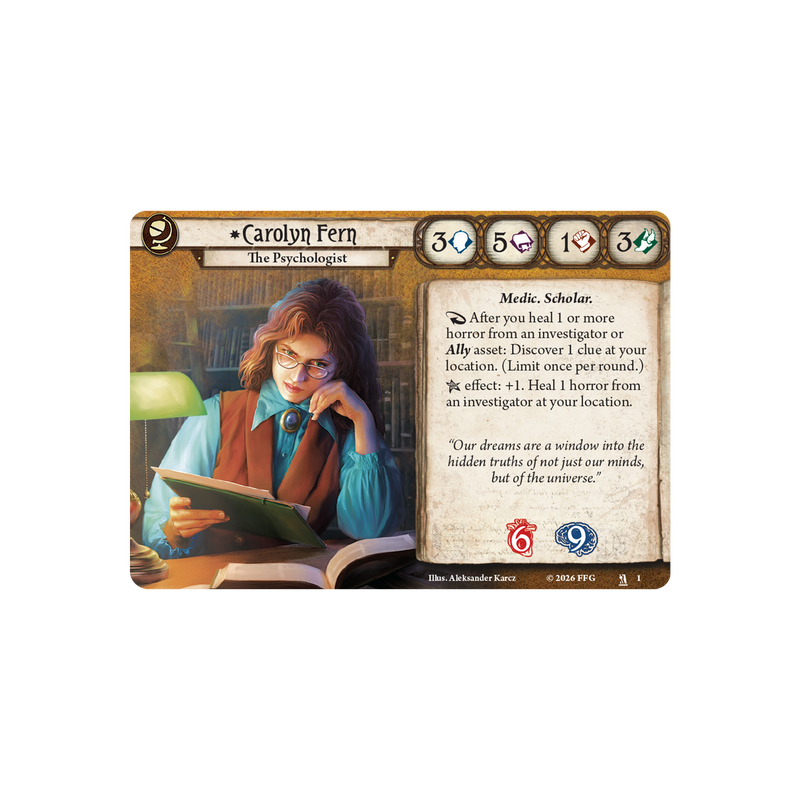 Load image into Gallery viewer, Card featuring a character named Carolyn Fern with game text and icons on a white background
