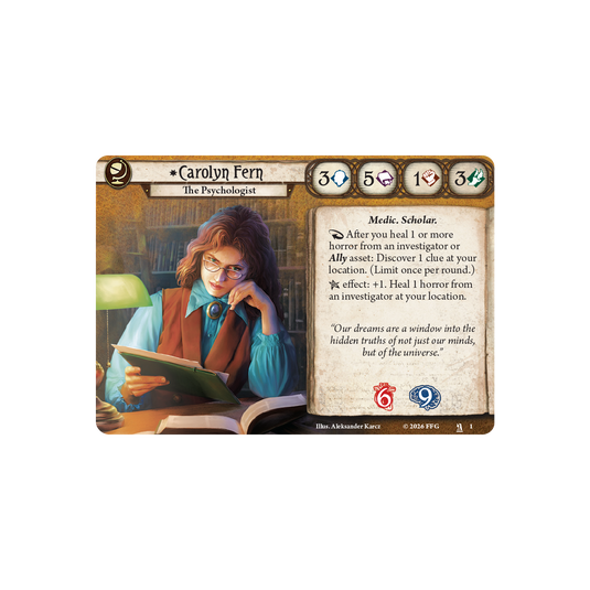 Card featuring a character named Carolyn Fern with game text and icons on a white background