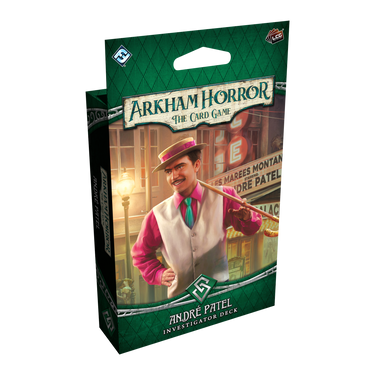 Arkham Horror The Card Game Andre Patel Investigator Deck front of packaging with illustration of Andre Patel.