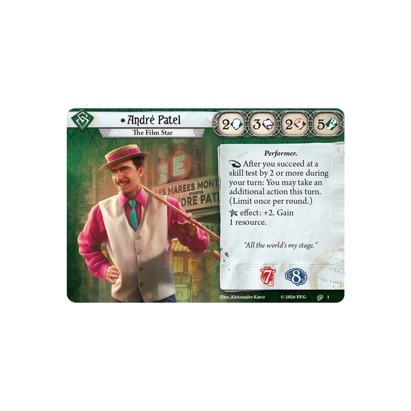 Load image into Gallery viewer, Card featuring a character named André Patel with a vintage background

