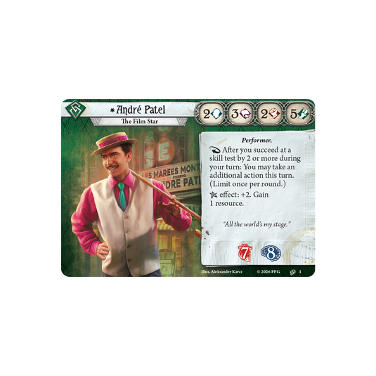 Card featuring a character named André Patel with a vintage background