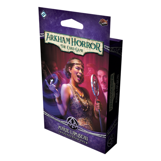 Arkham Horror card game packaging featuring a character with a purple background