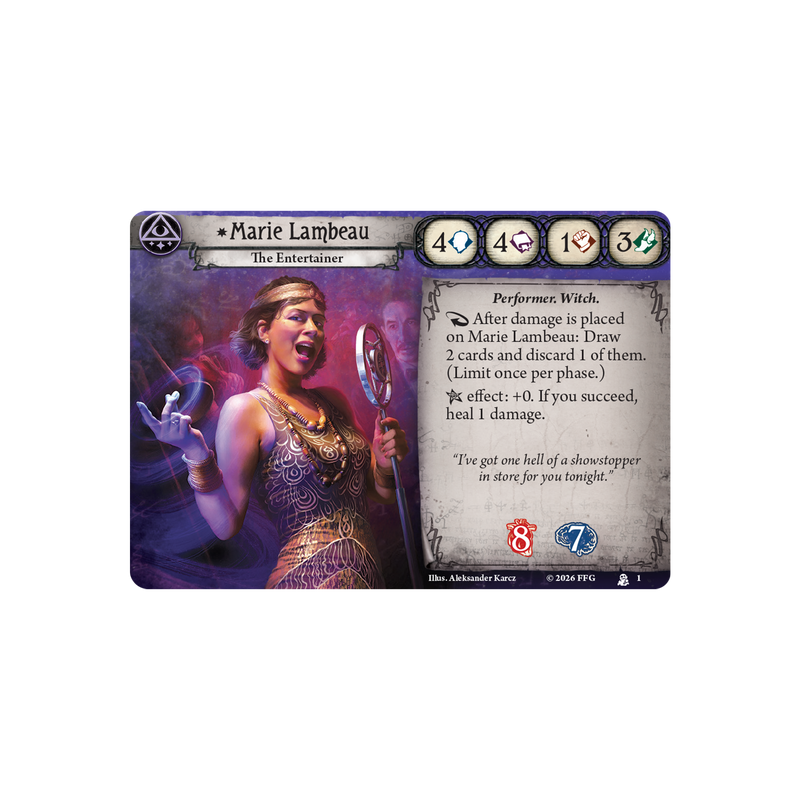 Load image into Gallery viewer, Card featuring Marie Lambeau, The Entertainer, with game text and icons on a white background
