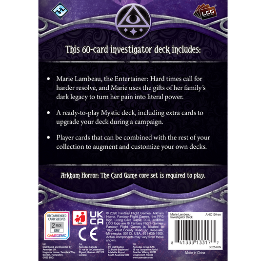 Back of a card game deck packaging with text and logos