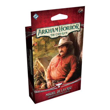 Arkham Horror: The Card Game - Miguel de la Cruz Investigator Deck front of packaging with illustration of Miguel De La Cruz.