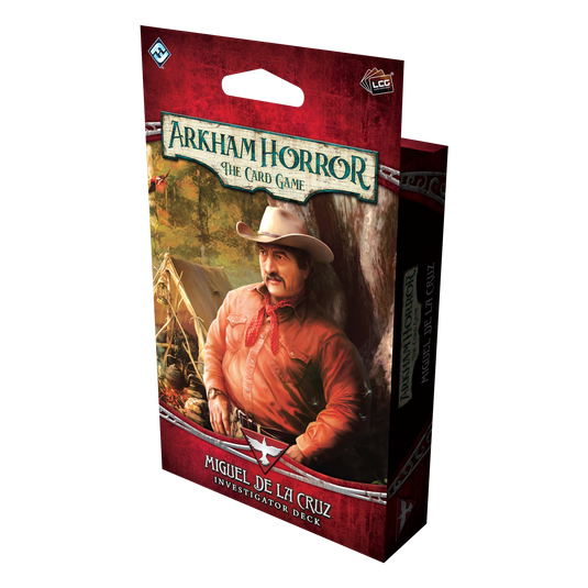 Arkham Horror card game deck packaging with a character in a cowboy hat and outfit.