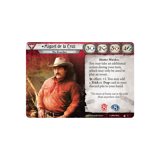Card featuring a character named Miguel de la Cruz with game mechanics on a white background