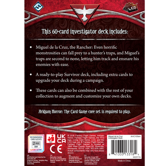 Back of a card game deck packaging with text and logos.