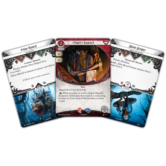 Three Arkham Horror cards displayed on white background.