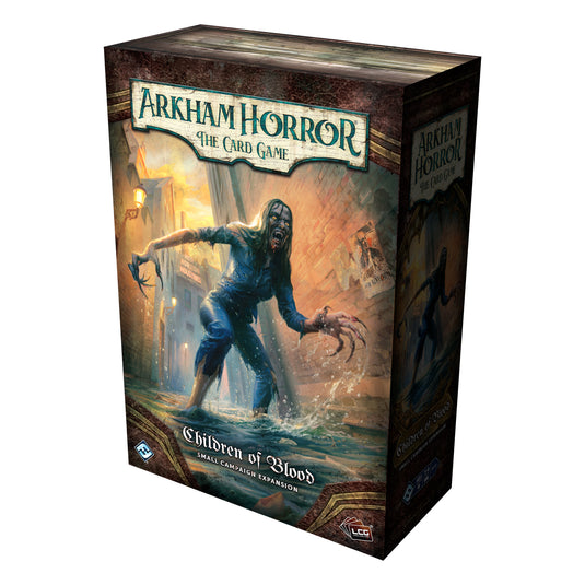 Arkham Horror: The Card Game – Children of Blood Small Campaign Expansion - front of box featuring art of a monster walking down a street. 
