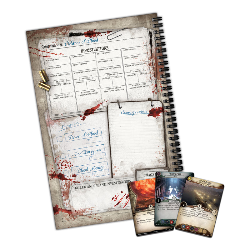 Load image into Gallery viewer, Arkham Horror: The Card Game – Children of Blood Small Campaign Expansion - campaign book and sample cards displayed. 

