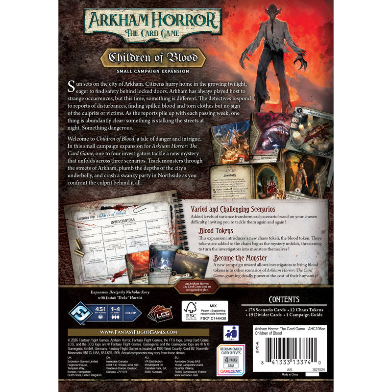 Load image into Gallery viewer, Arkham Horror: The Card Game – Children of Blood Small Campaign Expansion - back of box with overview, contents list, and images of game components. 
