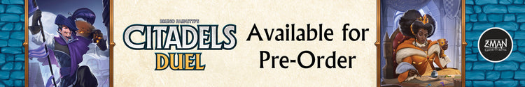 Promotional banner for the board game Citadel's Duel, featuring illustrated characters on both sides of a central beige panel with the text 'Available for Pre-Order' - Banner links to product page.