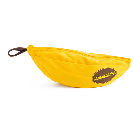 Yellow banana-shaped bag with 'BANANAGRAMS' branding on a white background