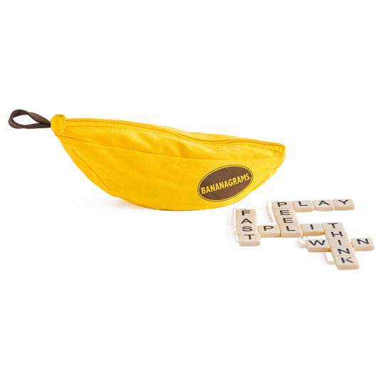 Yellow bag with 'Bananagrams' logo and game tiles tiles on a white background